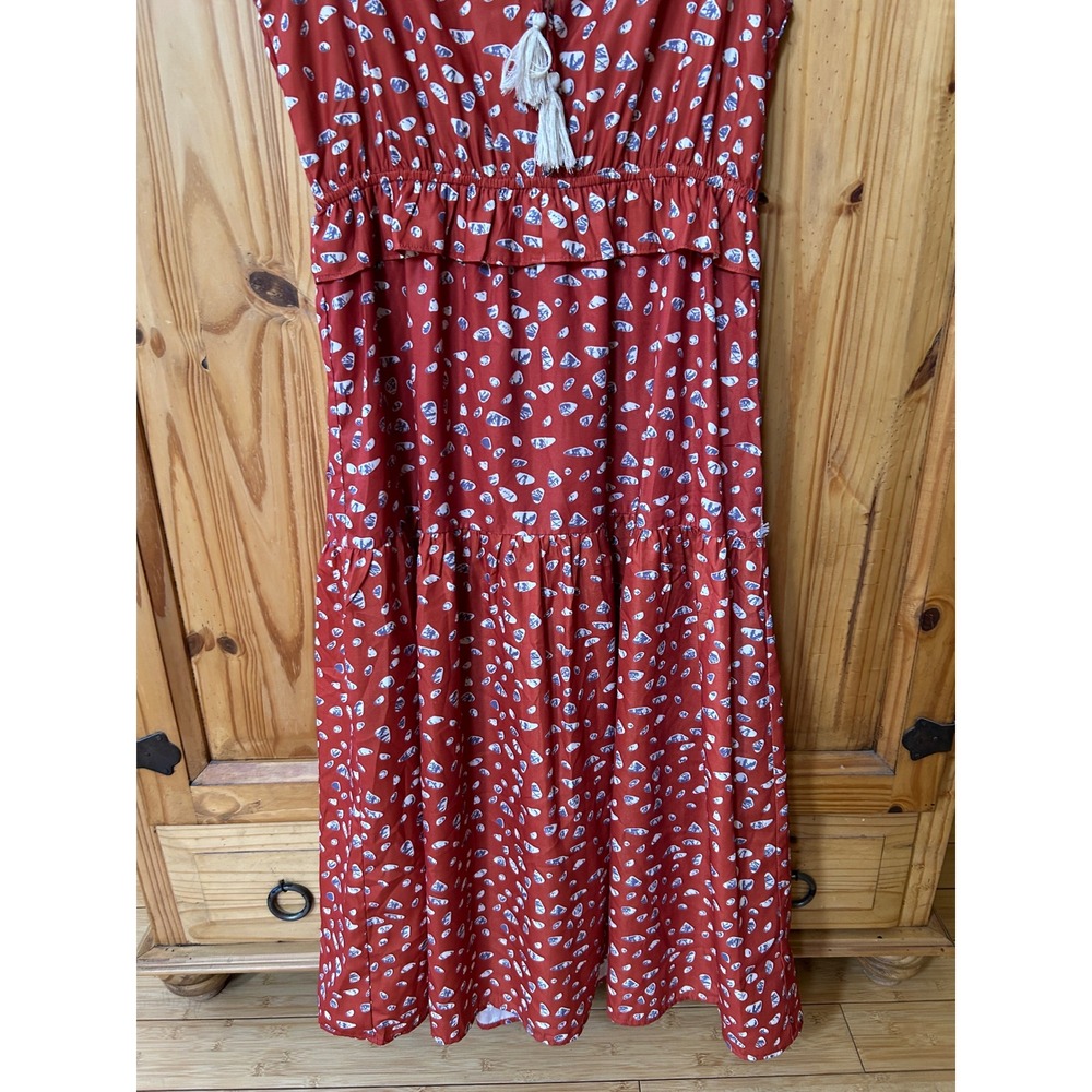 THML Womens Rust Orange Abstract Print Tassel Tie Ruffle Tiered Midi Dress L - Picture 5 of 9